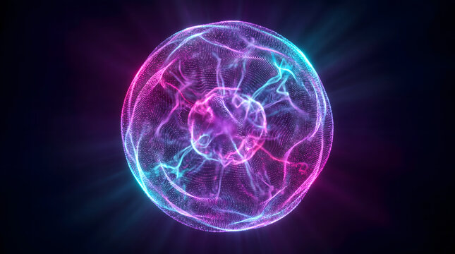 Glowing sphere of energy with swirling particles and light rays, force field