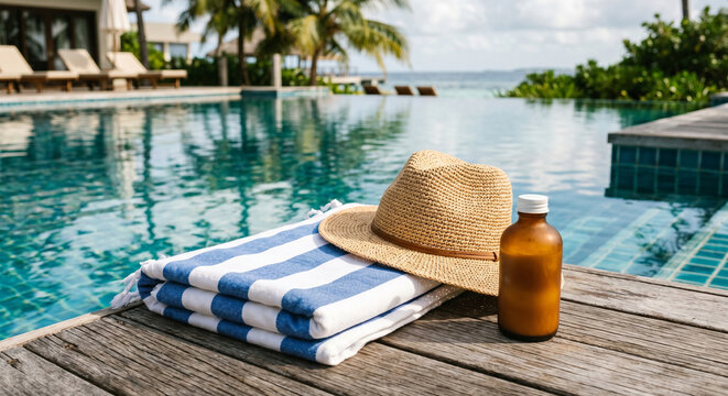 Poolside travel props with straw hat, striped towel and amber bottle on wooden deck beside clear swimming pool and palm trees