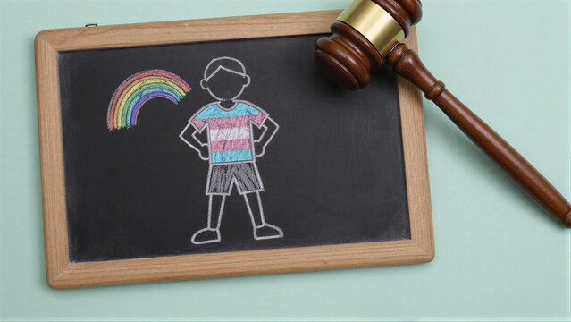 Chalkboard drawing of a person with rainbow and gavel symbolizing