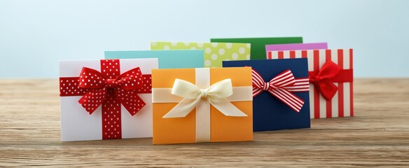 Fototapeta premium Colorful gift cards with festive ribbons on wooden table for holiday shopping and gift giving.