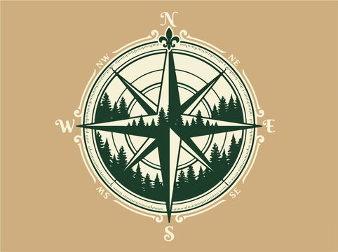 Vintage compass with forest landscape.
