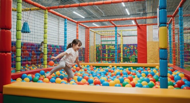 Child jumps into a colorful ball pit inside a brightly lit play area