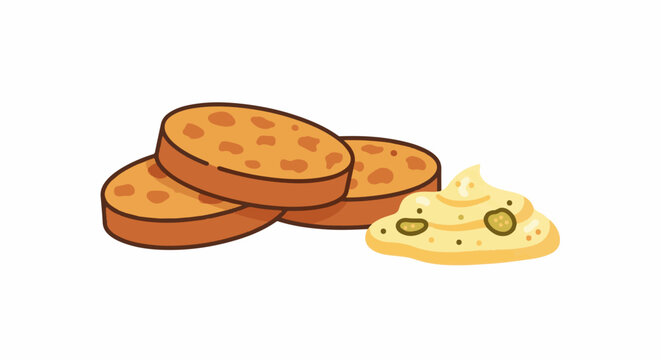 Cartoon illustration of sliced bread rounds and a dollop of creamy dip with pickles