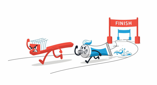 Cartoon toothbrush and toothpaste race towards a finish line