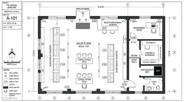 Detailed interior layout plan for a jewelry store with sales floor, consultation desks, and secure backroom