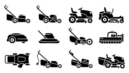 Obraz premium Lawn Mower and Grass Cutting Machine Silhouette Icons Set