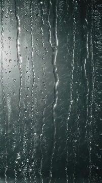 Water droplets running down glass surface in streaks, rain effect, close up of condensation on window, moody atmospheric background