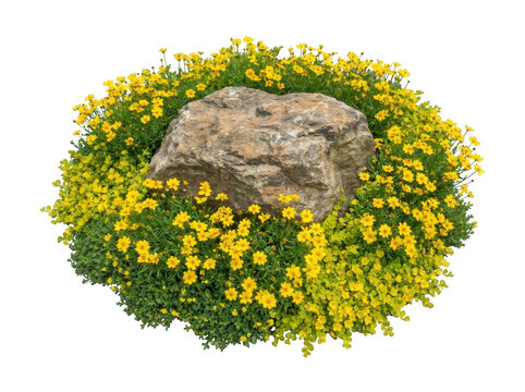 A large, textured grey boulder surrounded by a dense cluster of vibrant yellow flowers and green foliage isolated on a black background