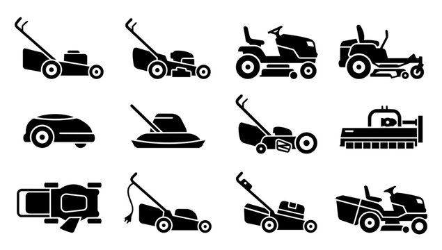 Lawn Mower and Grass Cutting Machine Silhouette Icons Set