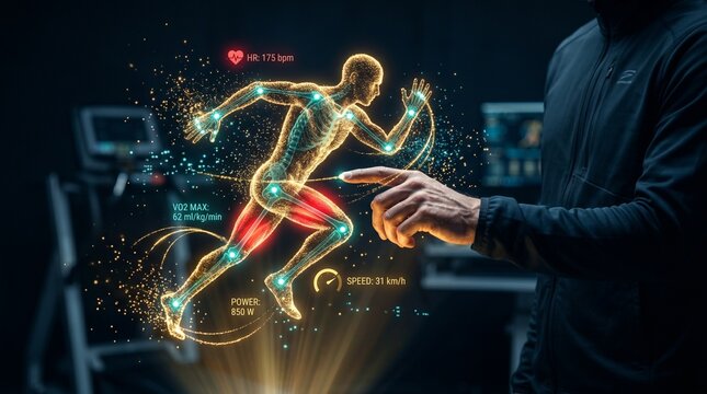 Sports scientist analyzing runner biomechanics and performance data metrics on futuristic hologram interface