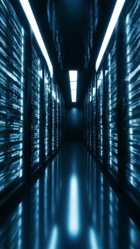 futuristic server room with rows of glowing blue data racks, digital information highway, data center technology, cybersecurity, cloud computing, high tech network infrastructure