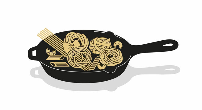 Cast iron pan filled with assorted dry pasta, graphic illustration