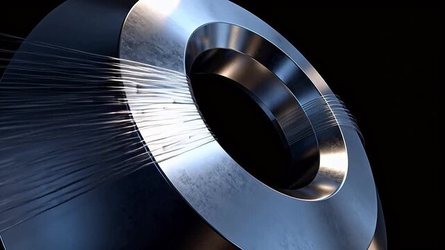 Metallic ring structure with glossy surface and internal lines on black background