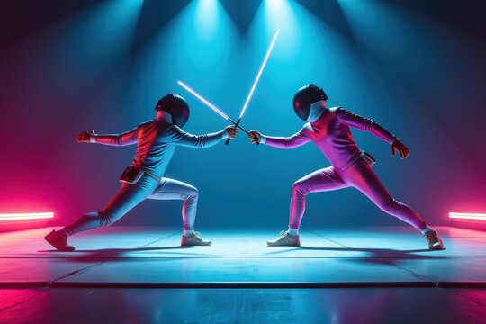 Two futuristic fencers dueling with glowing neon swords in a dark arena
