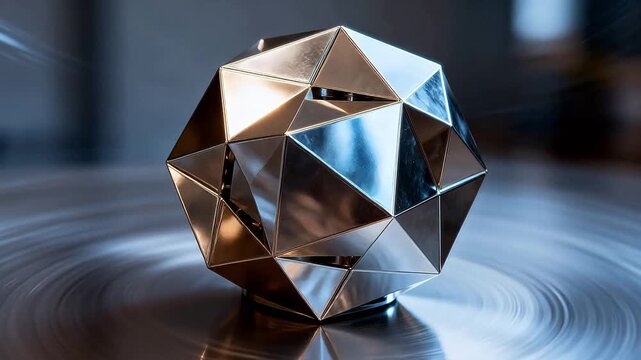 Faceted polyhedron metal sculpture with mirror reflection on smooth surface