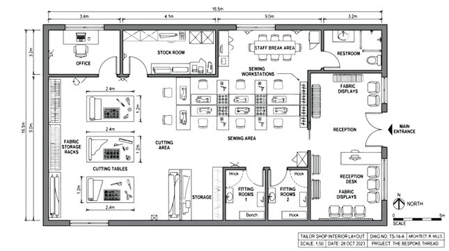 Tailor Shop Interior Layout with Office Stock Room Sewing Area Fitting Rooms and Reception floor plan