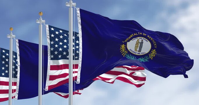 Kentucky state flag and the American flag waving in the wind on a clear day. Seamless 3d render animation. Slow motion loop. Selective focus