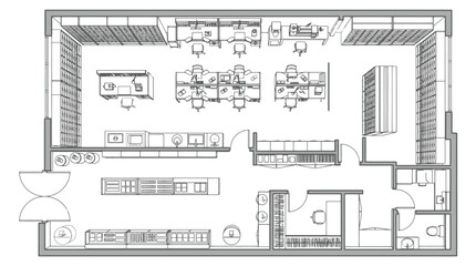 Naklejka premium Top-down architectural floor plan of an office space with workstations and meeting areas architectural drawing