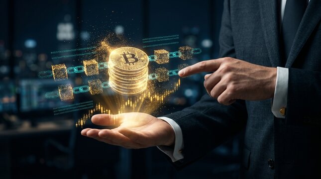 Businessman showcasing glowing stack of bitcoin cryptocurrency tokens on blockchain network hologram
