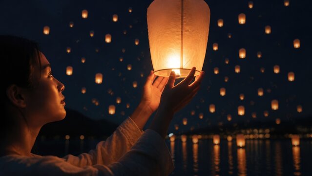Woman releasing a lantern during a festival at night near water in a serene location with many lights in the sky