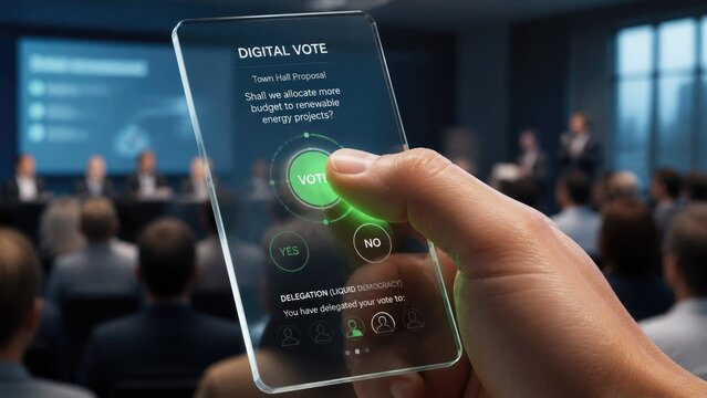 Hand holds a transparent device showing a digital voting screen during a town hall meeting on renewable energy budget proposals