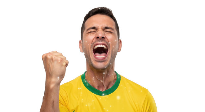 A man wearing a yellow and green soccer jersey shouting with eyes closed and fist raised in celebration against a solid black background