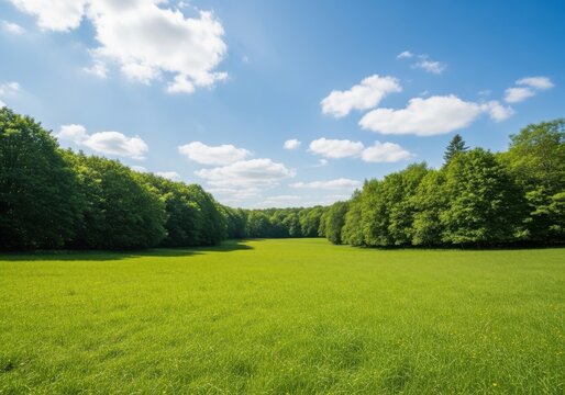 Lush green field with dense forest and blue sky