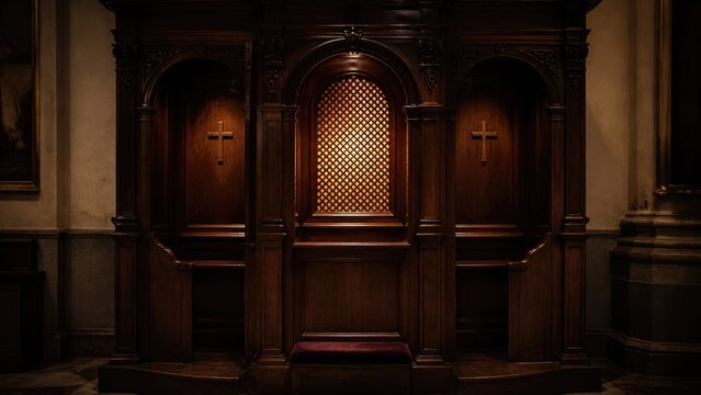 Wooden confessionals inside a church with three enclosed spaces and wooden crosses on the walls during evening light