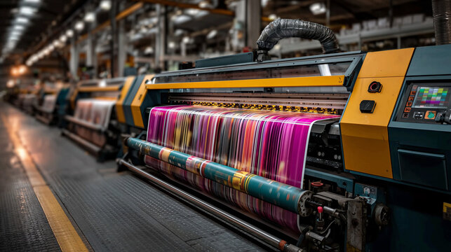 Large format industrial printing machine working in factory, professional digital inkjet plotter printing colorful vivid pattern on textile fabric rolls. AI generated