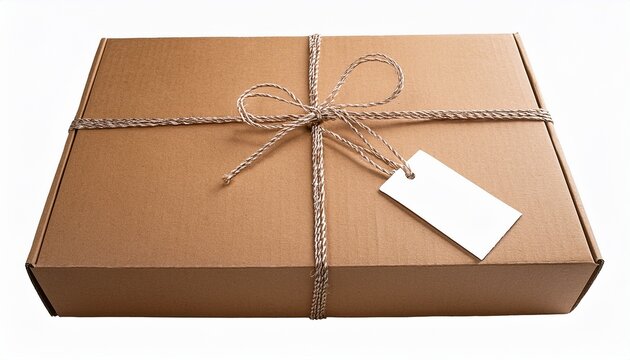 Brown Cardboard Box With String And Tag Isolated On Transparent Background