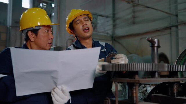 Two industrial engineers wearing safety helmets and gloves inspecting metal gear components and machinery inside a manufacturing factory workshop. Teamwork, maintenance, engineering inspection, and in