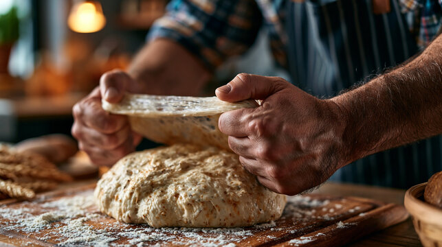 Hands stretching fermented sourdough dough into windowpane test between thumbs, translucent gluten membrane nearly perfect, bread readiness assessment captured during intensive artisan baking sessio