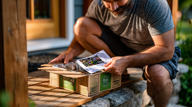 Meal kit delivery box opened on front porch step by crouching homeowner reviewing ingredient cards, insulated liner visible, grocery subscription unboxing routine captured in late afternoon summer h