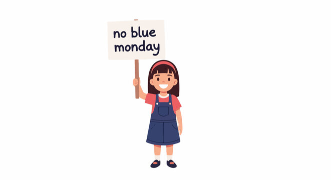 Cheerful child holding sign with 'no blue monday' text