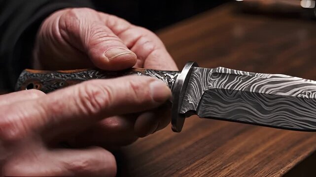 Closeup of a craftsmans hands holding a beautifully crafted Damascus steel knife.