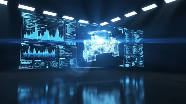 Futuristic digital interface displaying complex data visualizations, charts, and a 3D schematic in a dark, modern environment with glowing blue elements, technology and analytics concept