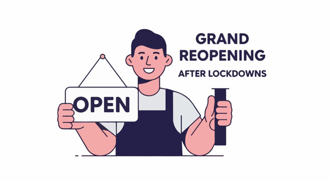 Cheerful person in apron displays open sign for grand reopening after lockdowns
