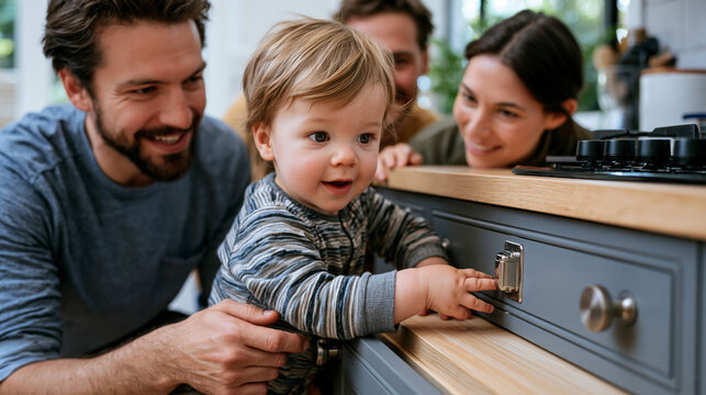 Toddler reaching toward kitchen cabinet while installer demonstrates magnetic childproof lock mechanism to watchful parents, stainless hardware gleaming against painted wood, family home safety upgr