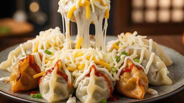 Korean mandoo dumplings with stringy creamy cheese and red spicy sauce on top served in plate against a Korean restaurant background