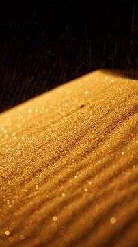 Golden sand particles cascading down a dune, sparkling under warm light, slow motion abstract texture, celebration and luxury