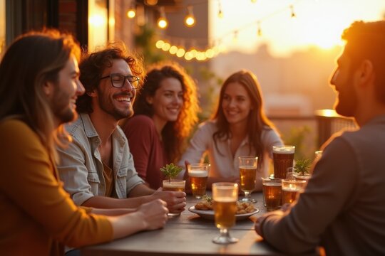 Group of happy friends drinking beer on a rooftop patio at sunset