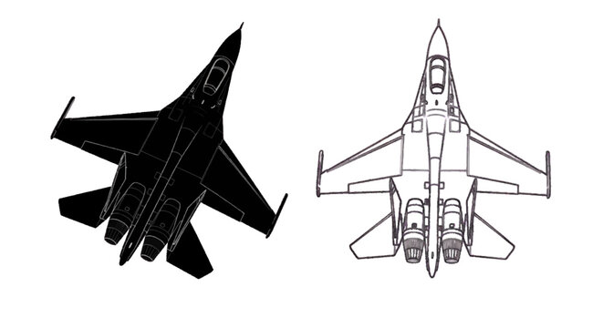 Minimal black silhouette icon, simple flat vector, bold black shape, no, no shading top view silhouette and line art drawing of a twin engine fighter jet on a, flat icon style