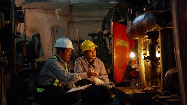 Industrial engineers discussing machinery maintenance and inspection inside factory workshop with industrial equipment and warm lighting. Teamwork, engineering collaboration, manufacturing, and repair