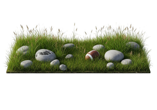A patch of green grass with scattered grey river stones and a brown american football isolated on a black background