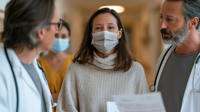 End of life doula consulting with a hospice medical team in a hallway outside a patient room, holding printed care notes, a palliative physician and charge nurse listening attentively, authentic int