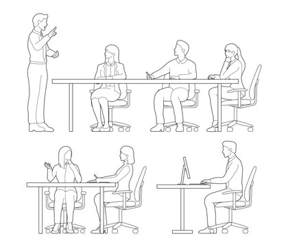 set of people working side view drawings outline, employees are having a meeting with desk and chairs. black minimalist line art illustration for architectural elevation, section.