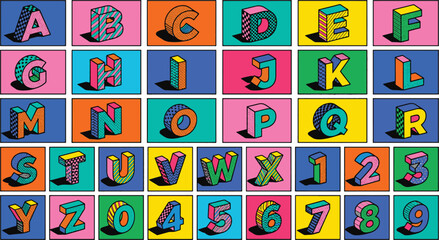 Isometric 3D alphabet and numbers pack with vibrant retro pop art colors bold geometric drop shadows vector illustration © tecna