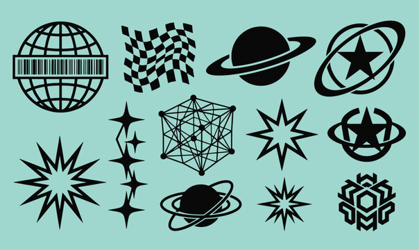 Y2K retro futuristic graphic elements set with brutalist chrome shapes wireframe grid stars and abstract planet icons vector illustration