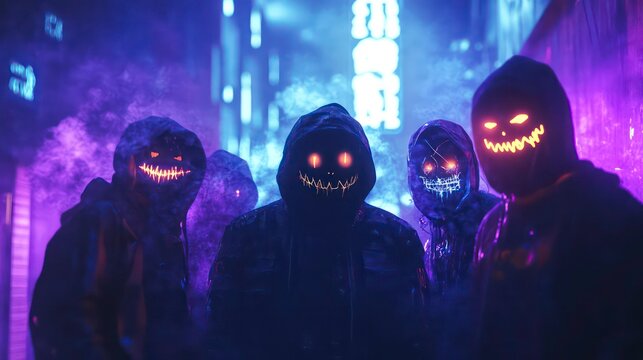 A group of figures in hoodies with glowing, sinister masks in a neon-lit alley.