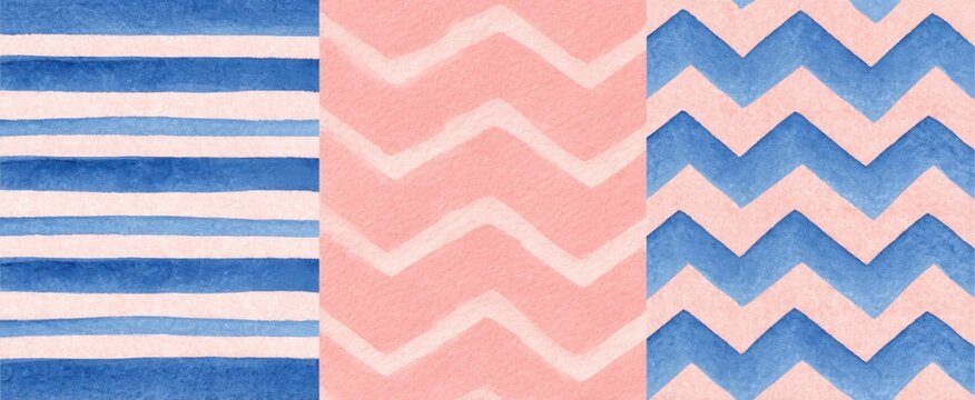 Charming watercolor backgrounds with delicate pink stripes and vibrant blue chevron patterns perfect for various occasions.